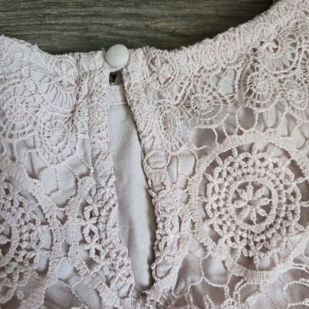 Motherhood Maternity Top M Pink Crochet Lace Overlay Babydoll Short Sleeve - Picture 12 of 13